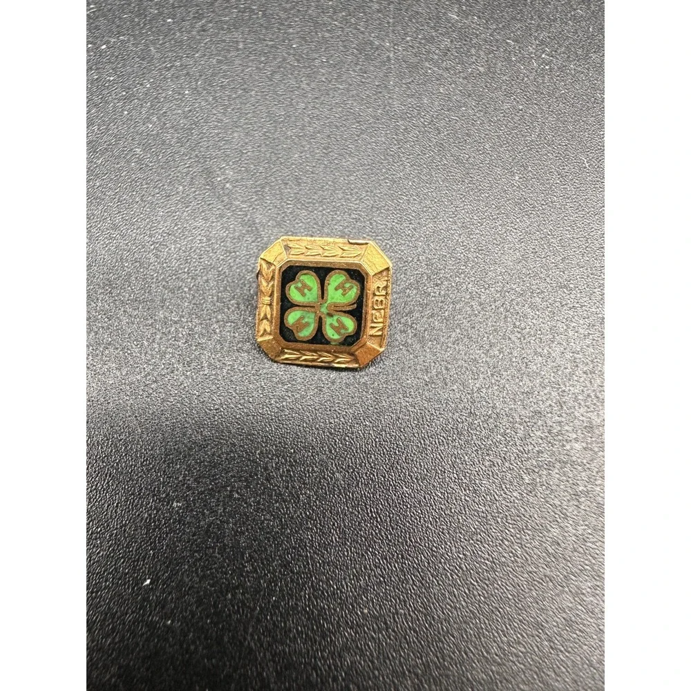 Vintage 4-H Nebraska Lapel Pin Gold Filled Enamel Green Clover 1924 Patent